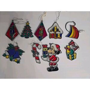 Vintage Leaded Stained Glass Look Christmas Sun Catcher Ornaments Lot Of 9